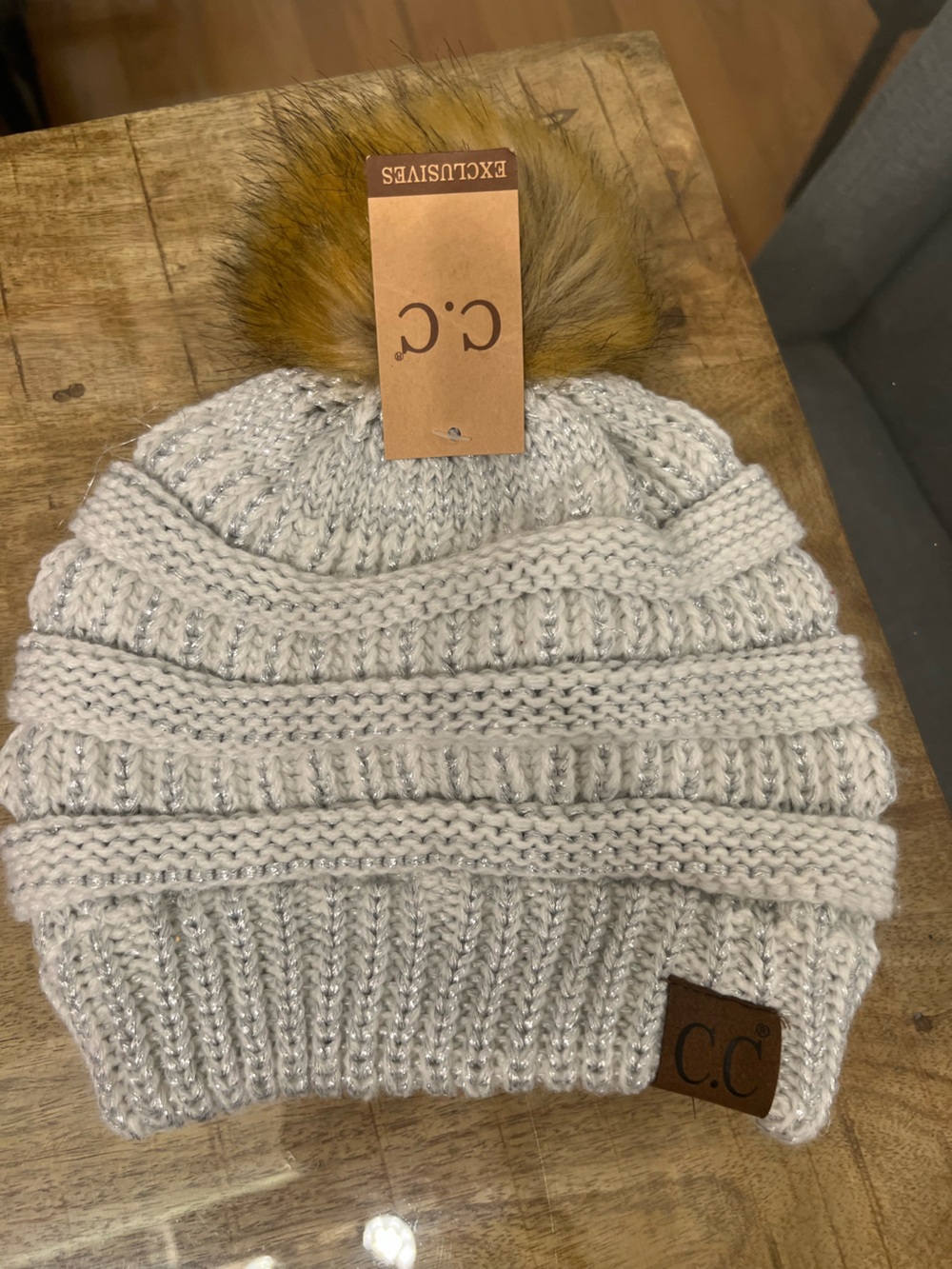 C.C Women's Cream Cable Knit hat with Silver Metallic Thread